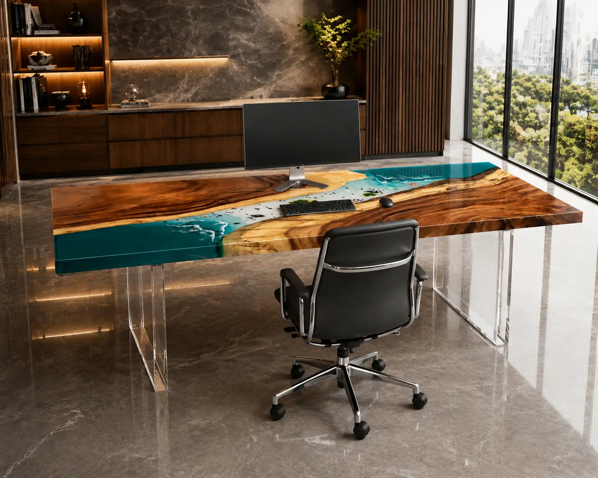 Teal Confluence Turquoise Blue with White Surf Epoxy River Walnut Office Desk OD16