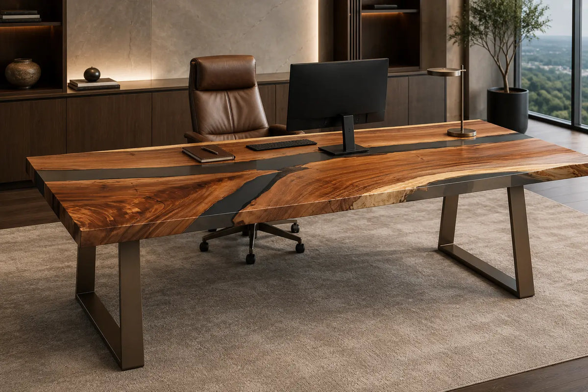 Glass Divide crystal clear epoxy river walnut office desk OD17