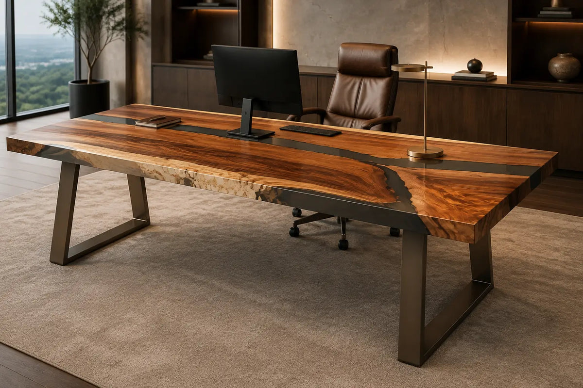 Glass Divide Crystal Clear Epoxy River Walnut Office Desk OD17