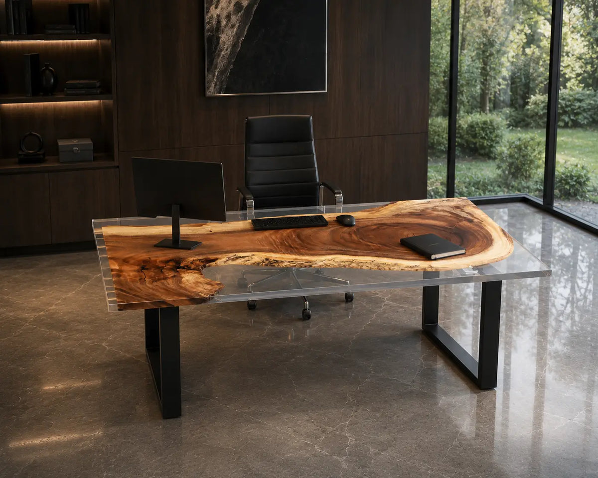 Smoke Halo Smoky Transparent Gray Epoxy Walnut Office Desk OD18