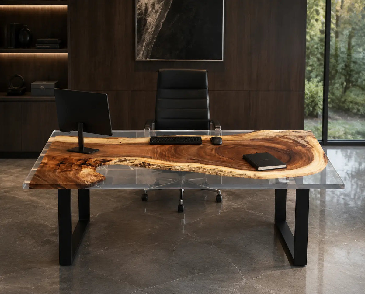 Smoke Halo Smoky Transparent Gray Epoxy Walnut Office Desk OD18
