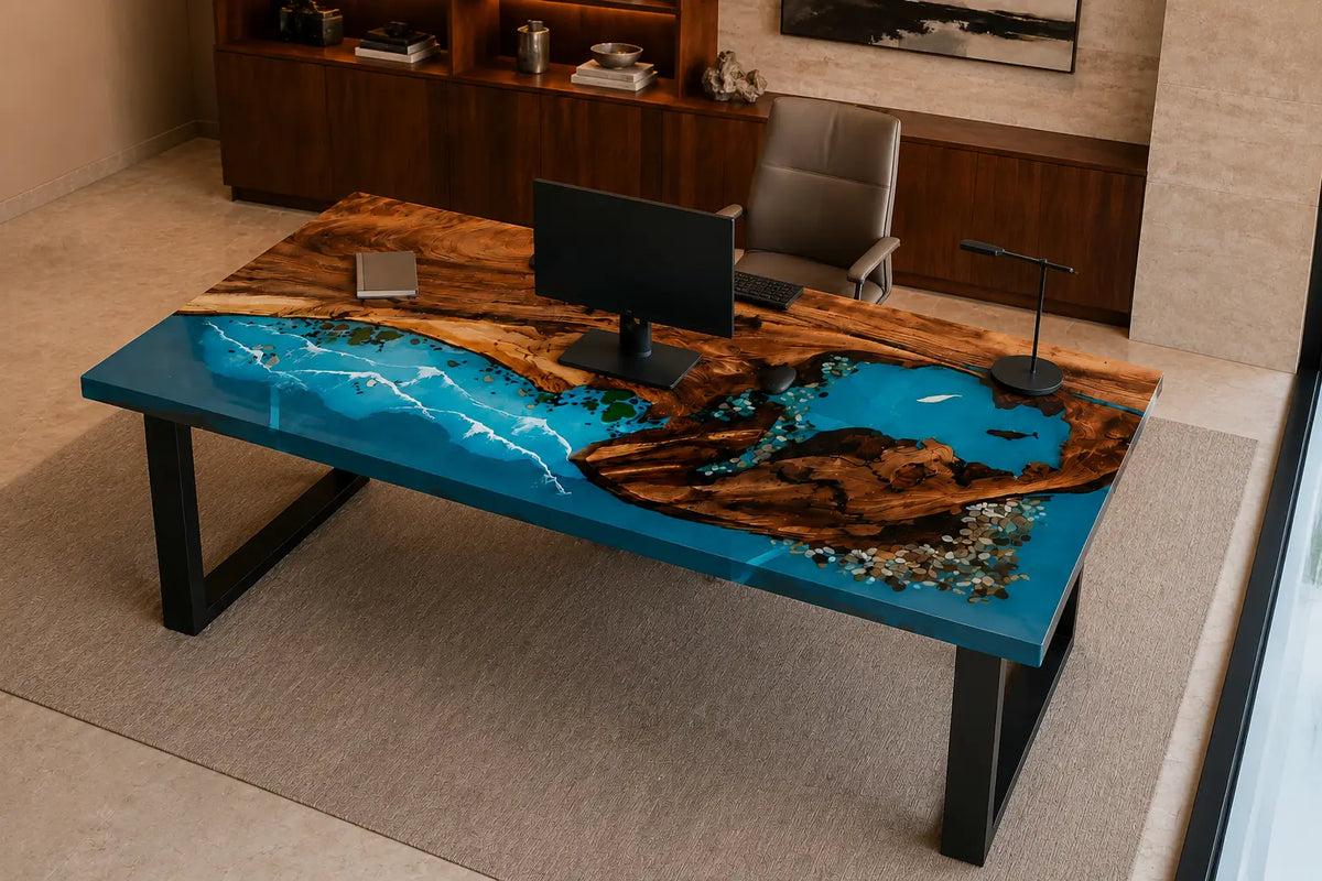Island Tides ocean blue with white surf epoxy ocean walnut office desk OD19