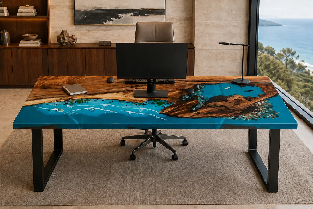 Island Tides Ocean Blue with White Surf Epoxy Ocean Walnut Office Desk OD19