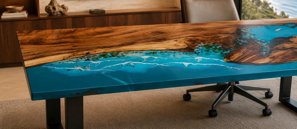 Island Tides Ocean Blue with White Surf Epoxy Ocean Walnut Office Desk OD19