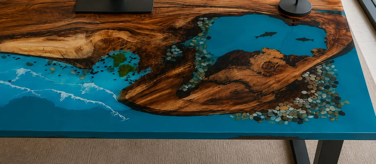 Island Tides Ocean Blue with White Surf Epoxy Ocean Walnut Office Desk OD19