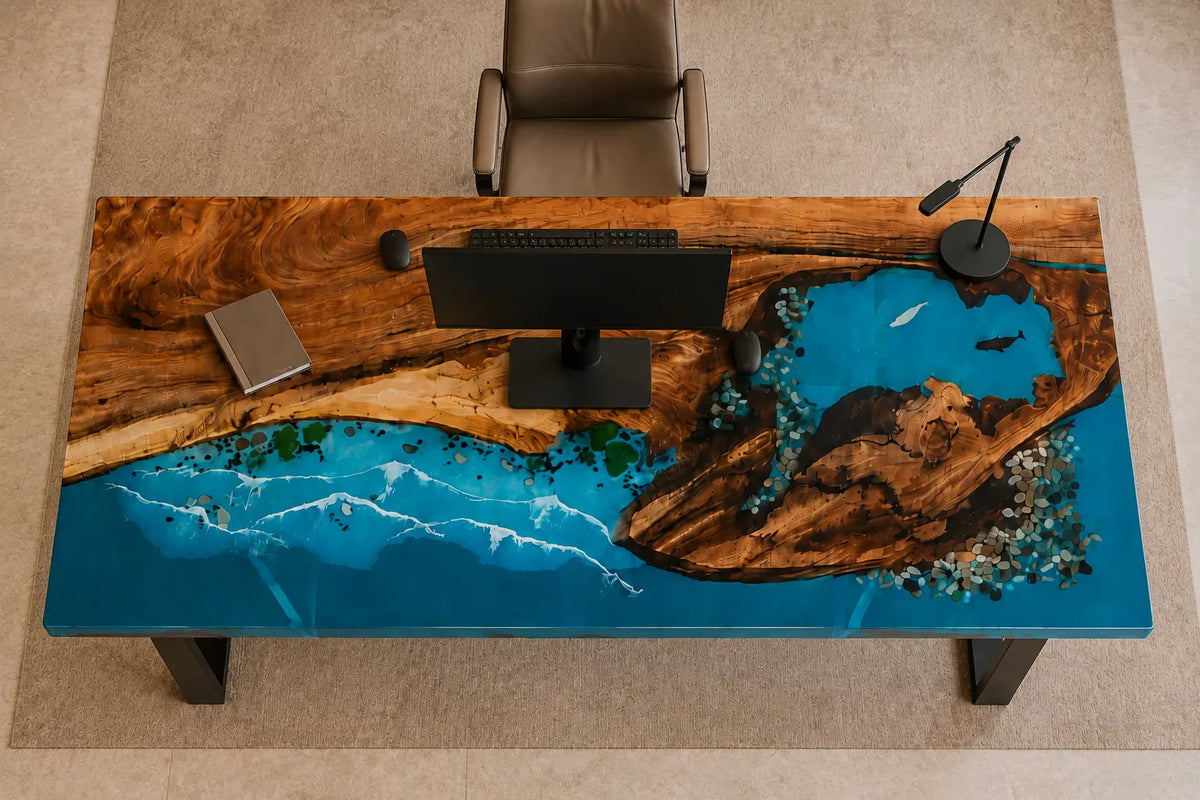 Island Tides Ocean Blue with White Surf Epoxy Ocean Walnut Office Desk OD19