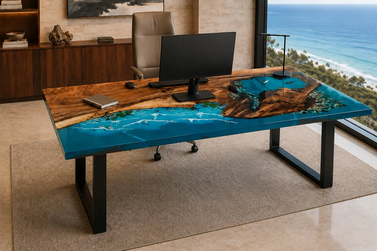 Island Tides Ocean Blue with White Surf Epoxy Ocean Walnut Office Desk OD19