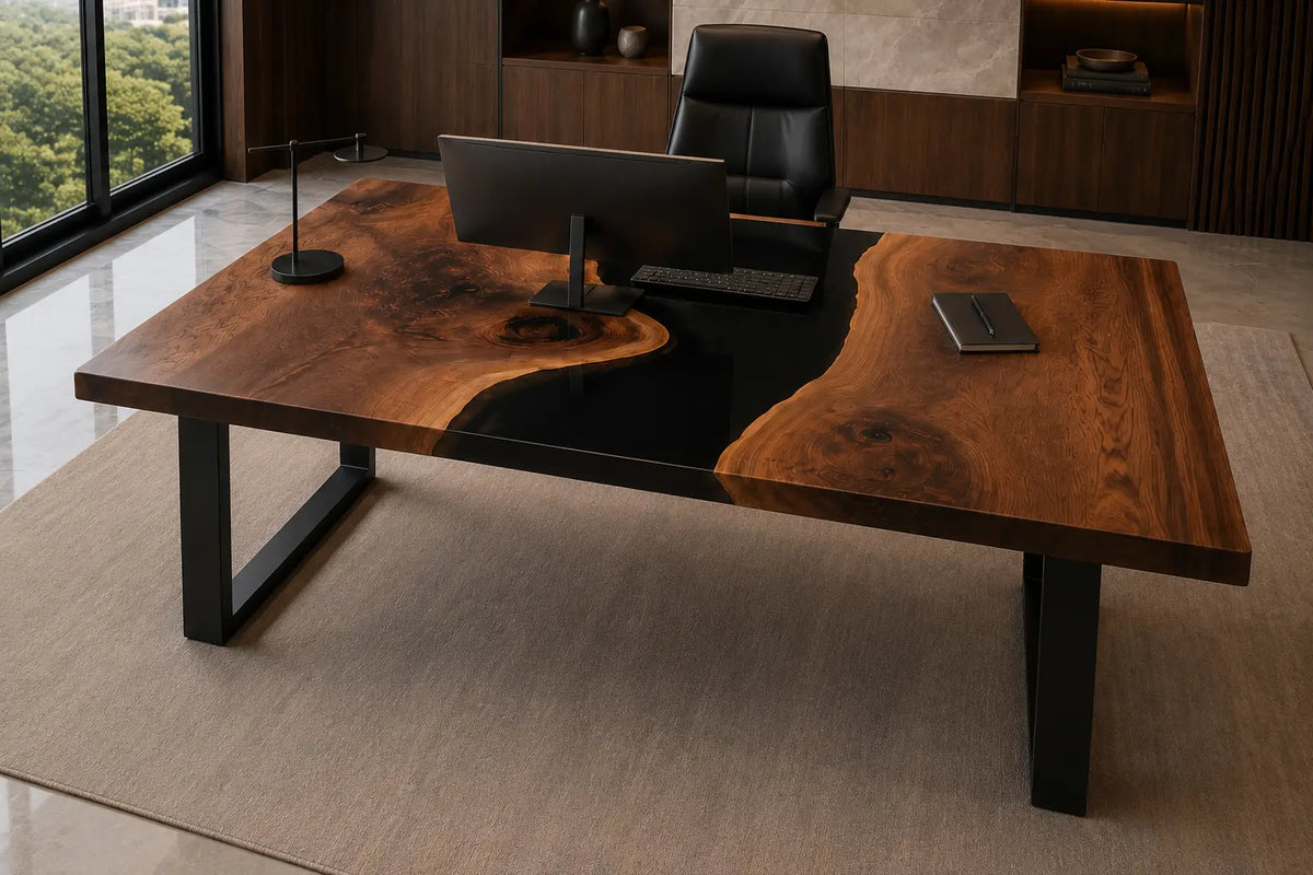 Onyx Divide pure black epoxy river walnut office desk OD20