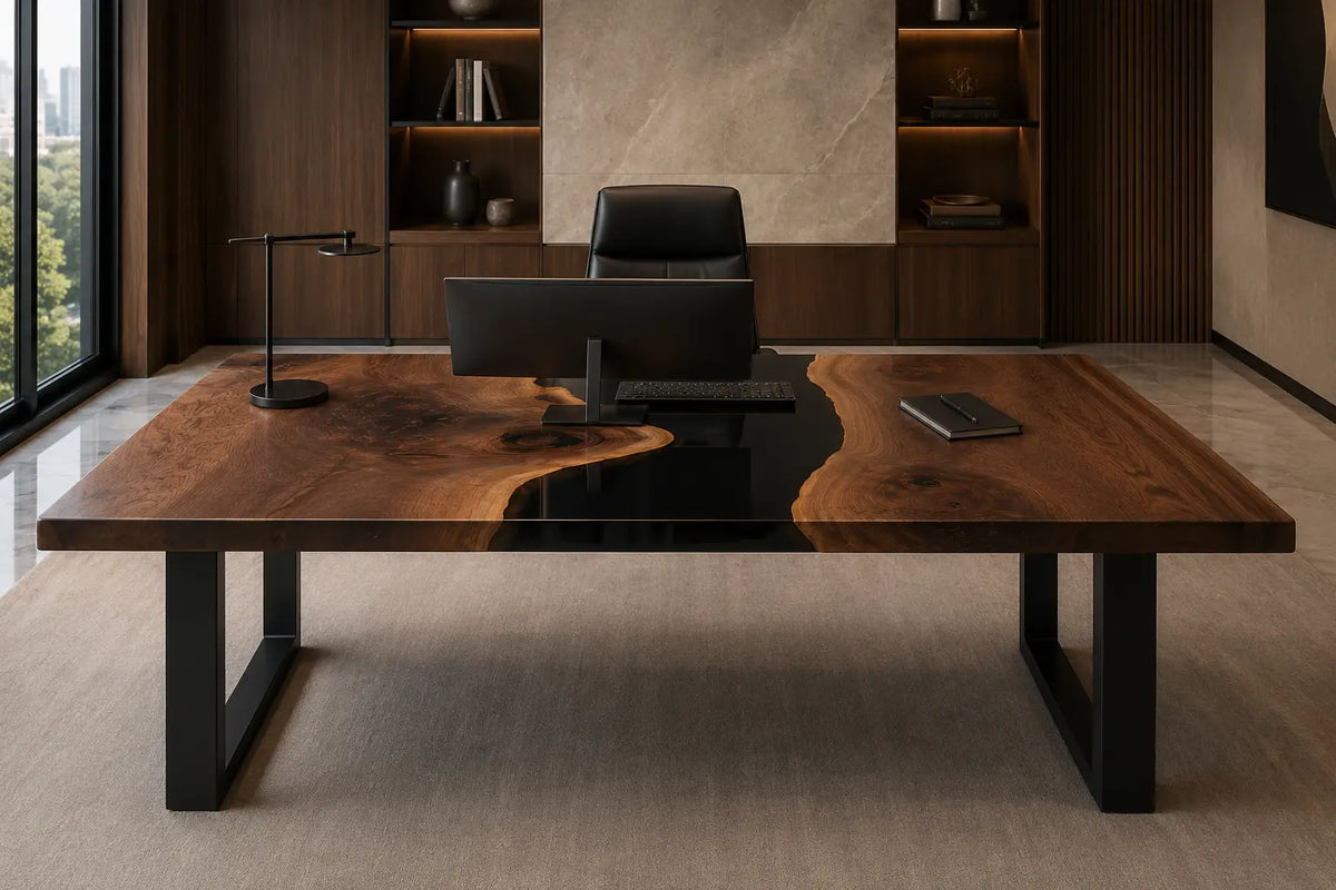 Onyx Divide Pure Black Epoxy River Walnut Office Desk OD20