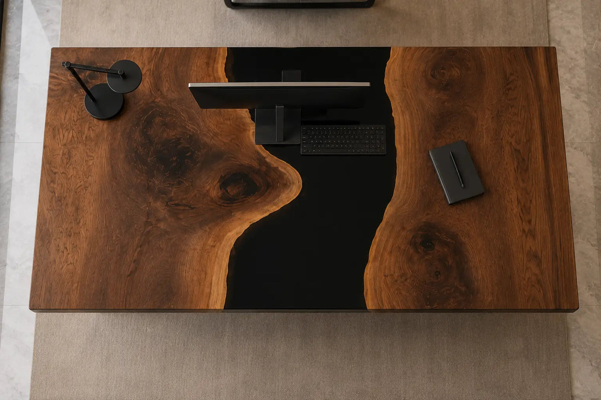 Onyx Divide Pure Black Epoxy River Walnut Office Desk OD20