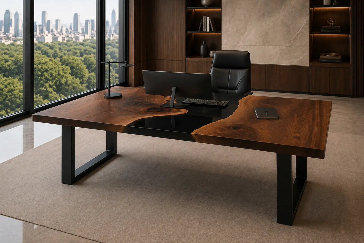 Onyx Divide Pure Black Epoxy River Walnut Office Desk OD20