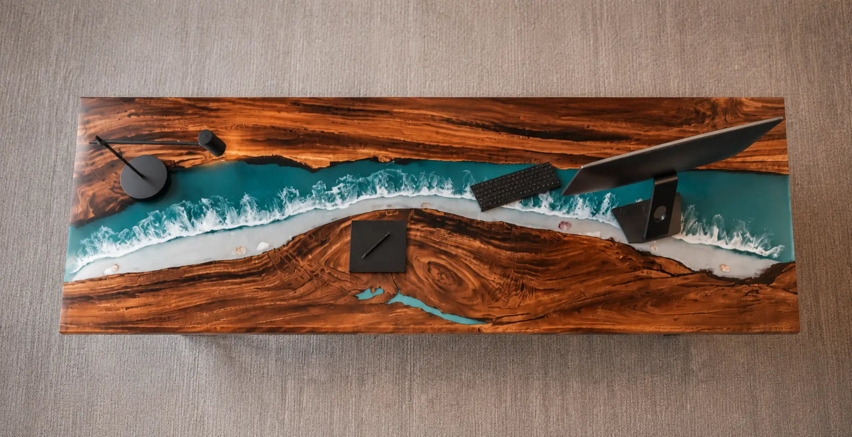 Teal Horizon turquoise blue epoxy river black walnut office desk OD21