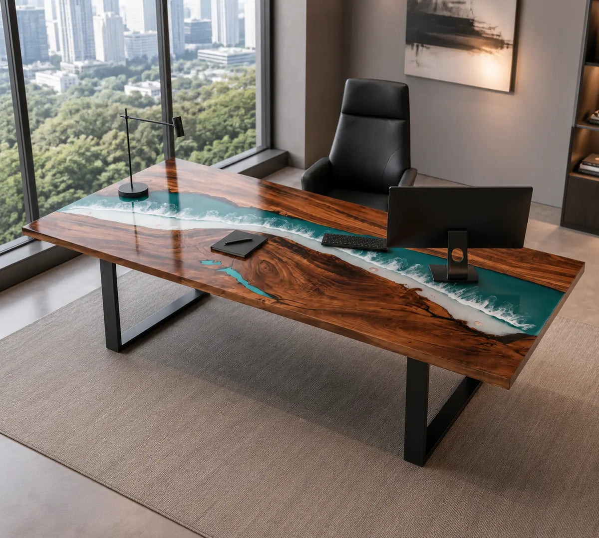 Teal Horizon Turquoise Blue Epoxy River Black Walnut Office Desk OD21