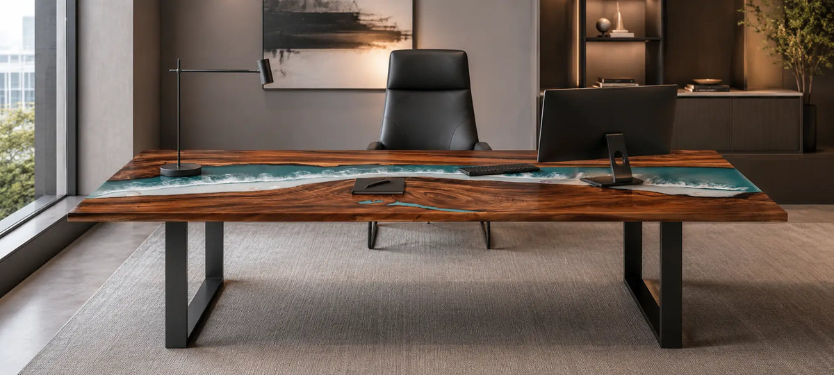 Teal Horizon Turquoise Blue Epoxy River Black Walnut Office Desk OD21