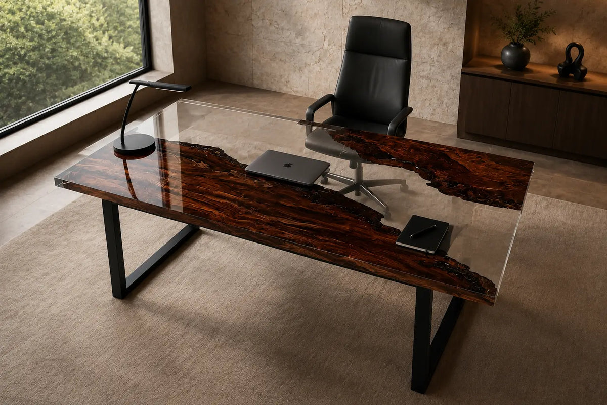 Crystal Ravine crystal clear epoxy river black walnut office desk OD22