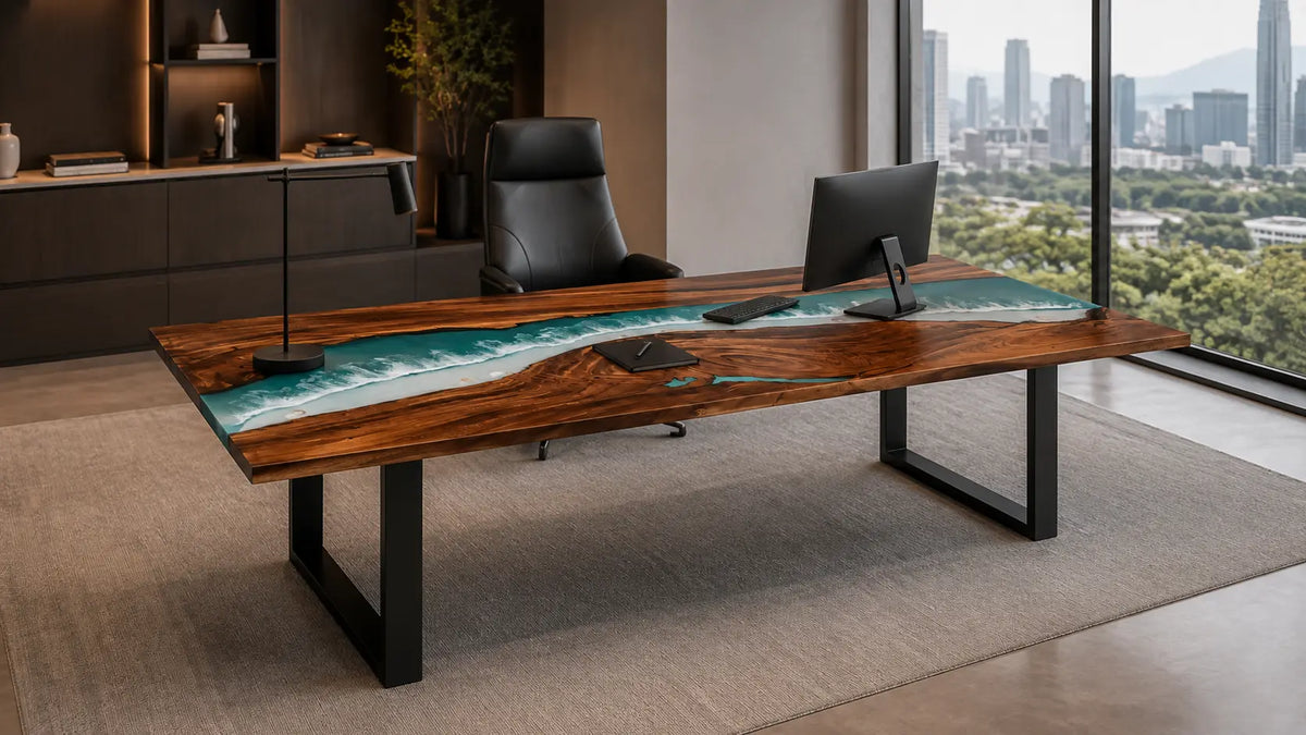 Crystal Ravine Crystal Clear Epoxy River Black Walnut Office Desk OD22