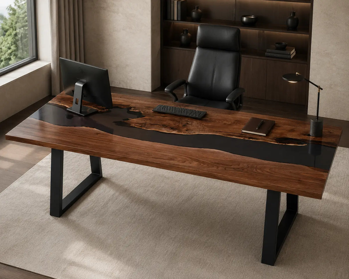 Smoke Meridian smoky black transparent epoxy river black walnut office desk OD23