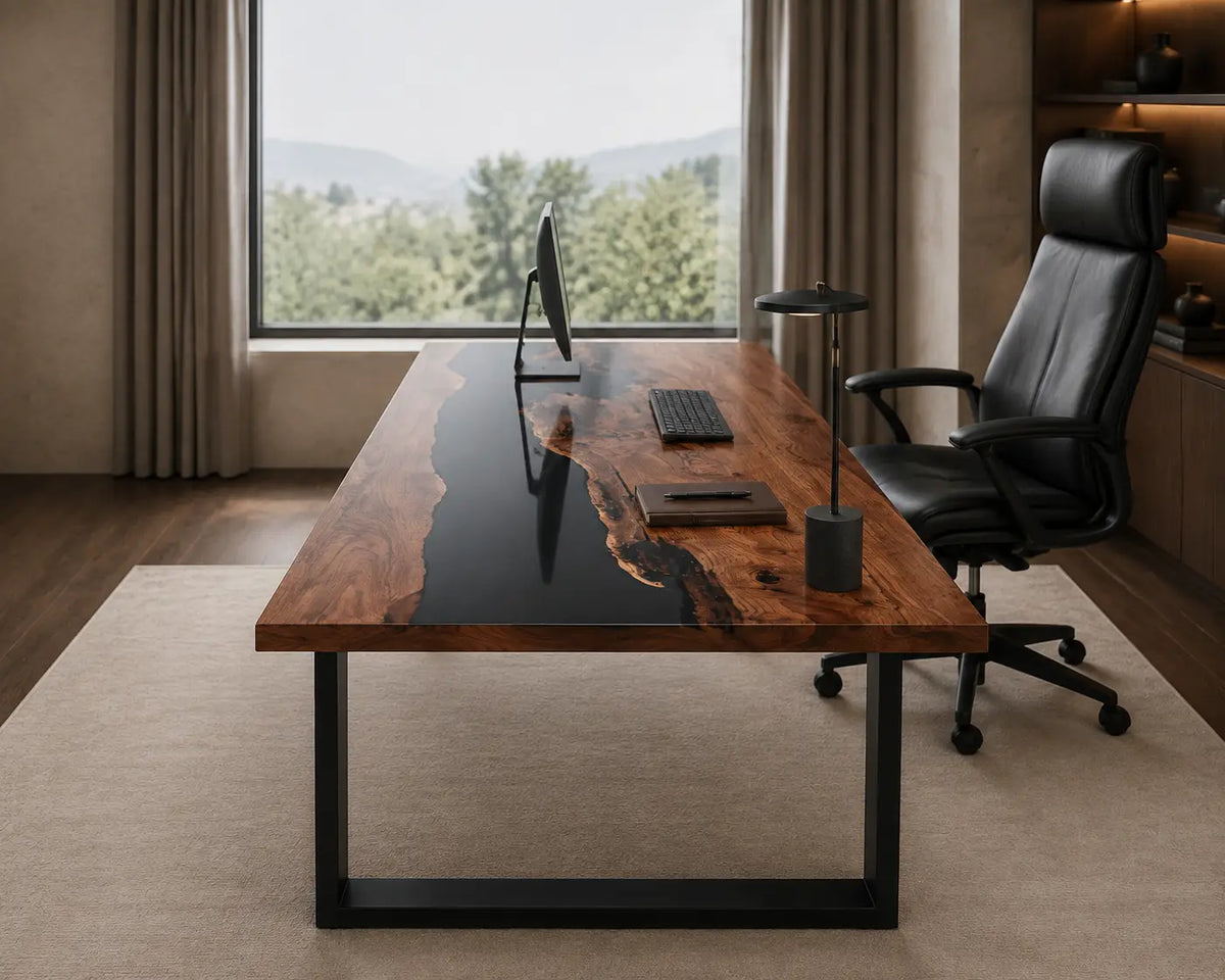 Smoke Meridian Smoky Black Transparent Epoxy River Black Walnut Office Desk OD23