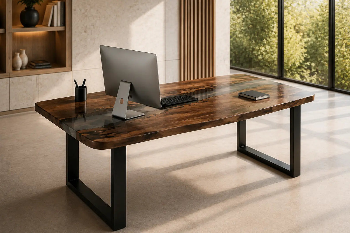 Silver Mist smoky gray & pearlescent white epoxy river black walnut office desk OD24