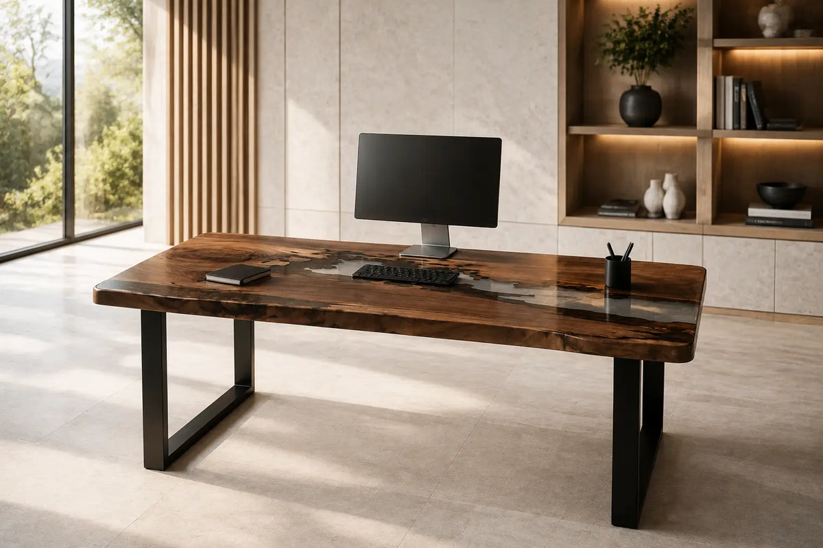 Silver Mist Smoky Gray & Pearlescent White Epoxy River Black Walnut Office Desk OD24