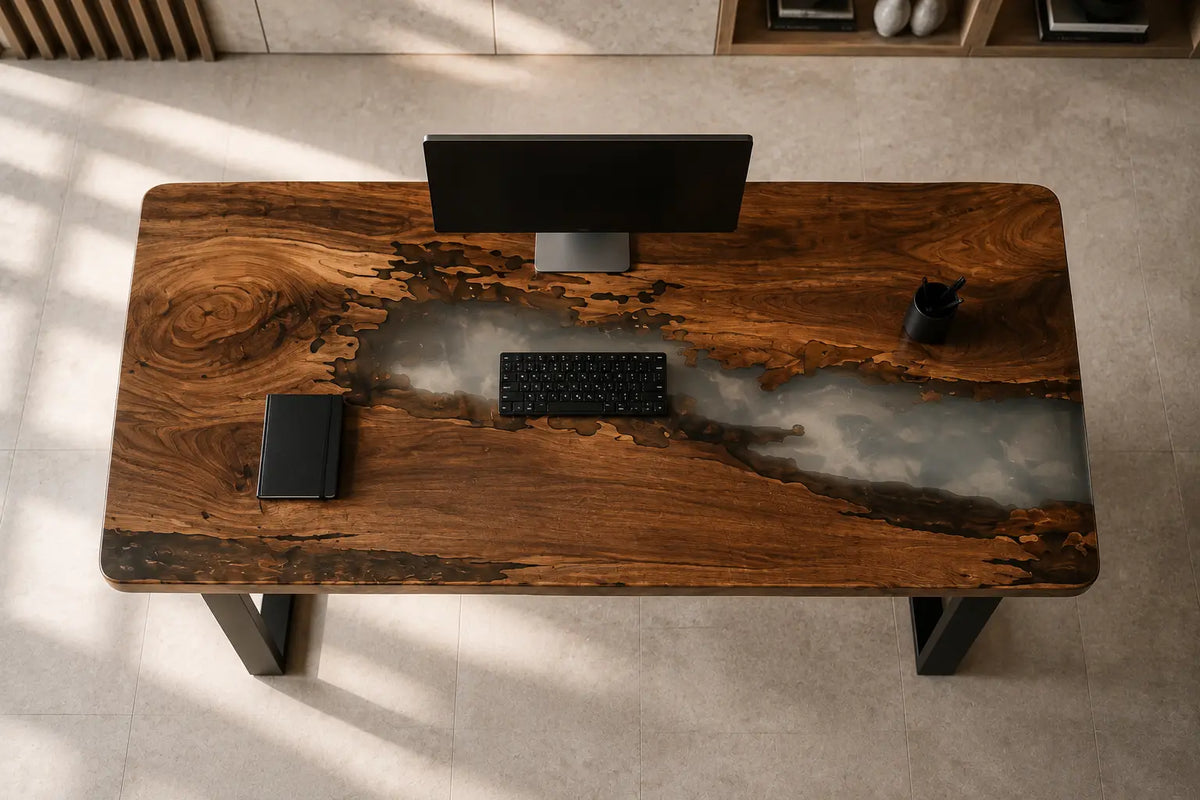 Silver Mist Smoky Gray & Pearlescent White Epoxy River Black Walnut Office Desk OD24