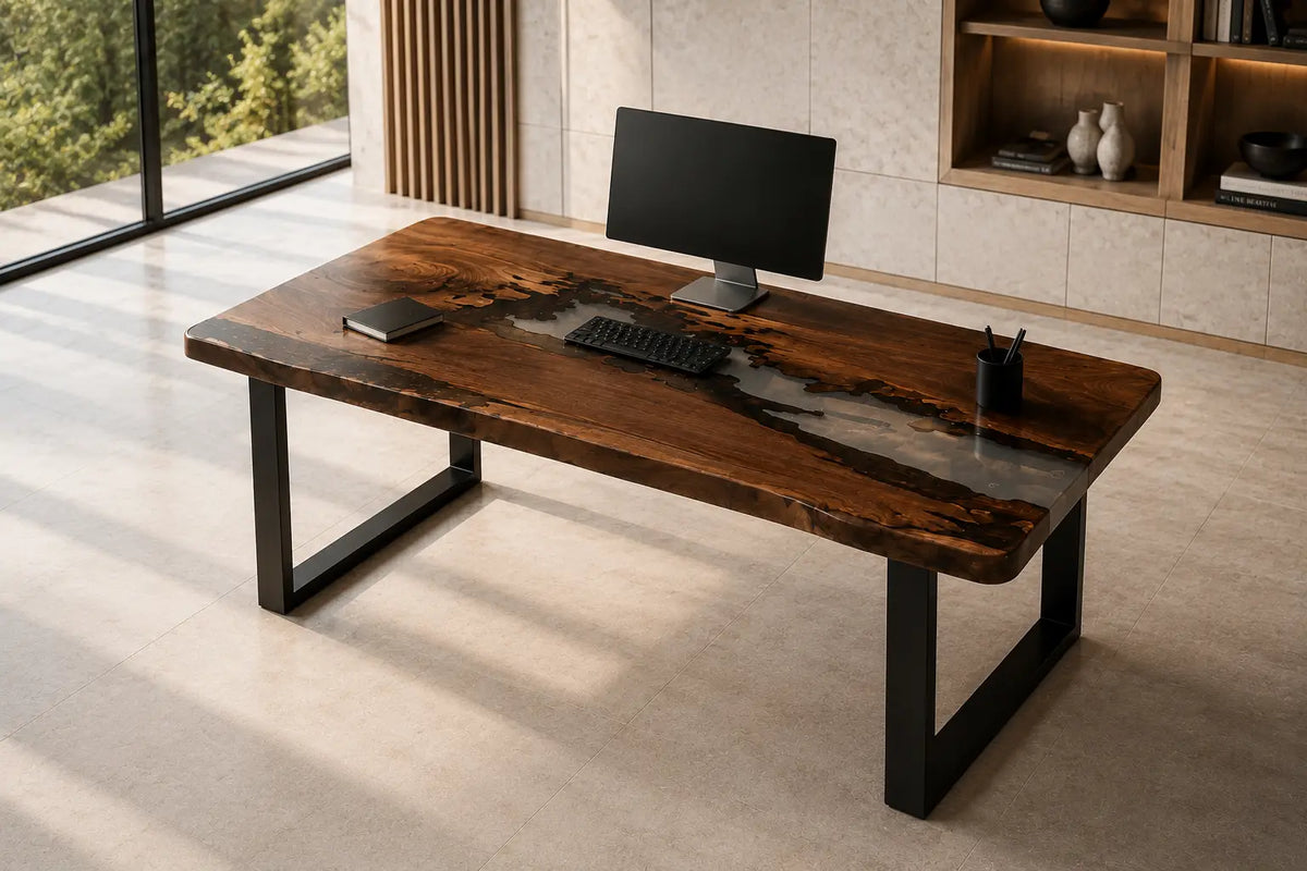 Silver Mist Smoky Gray & Pearlescent White Epoxy River Black Walnut Office Desk OD24