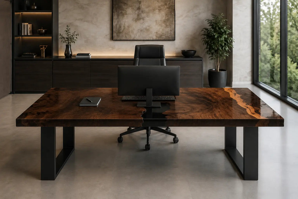 Clear Ember crystal clear epoxy river black walnut office desk OD25
