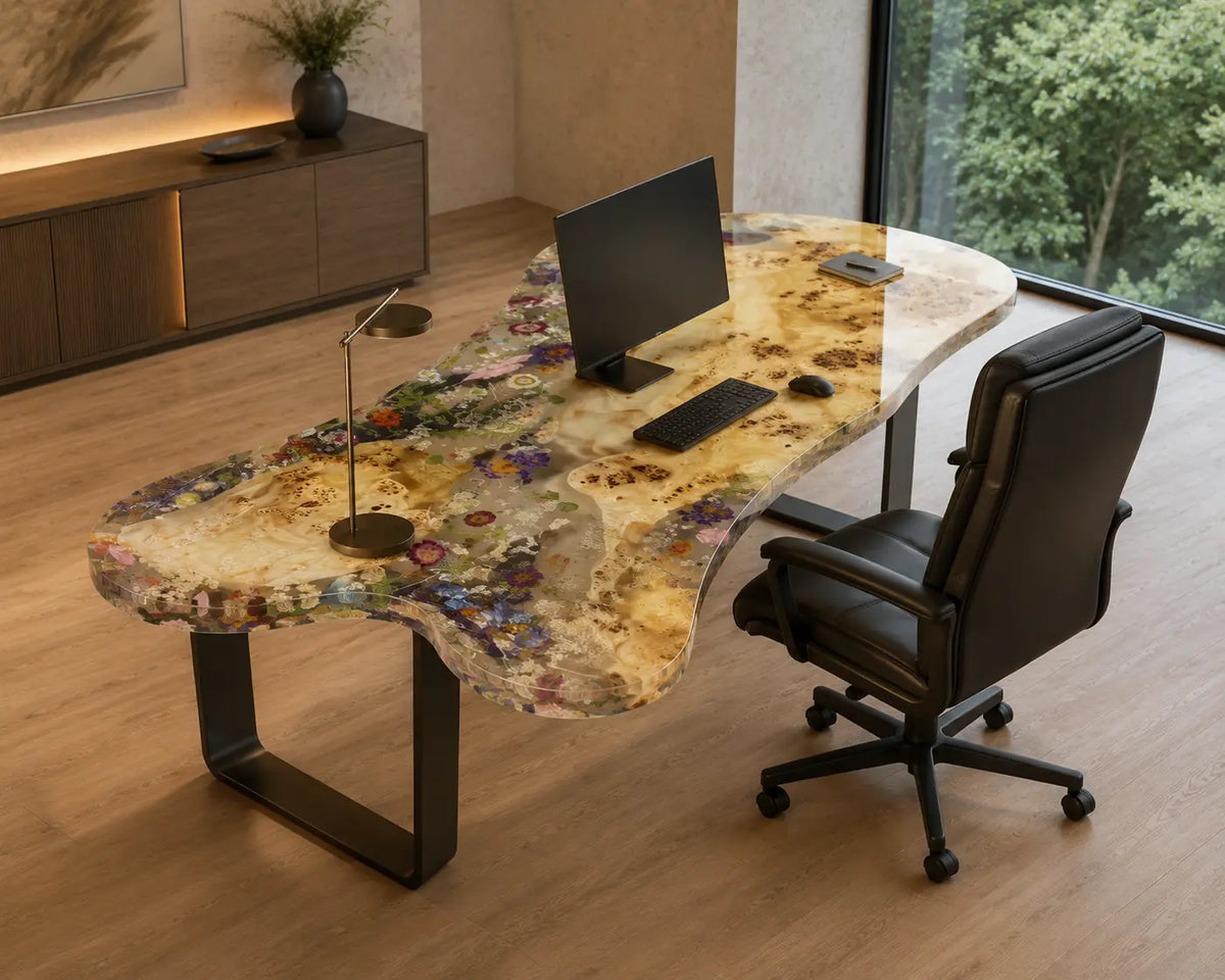 Botanical Mosaic crystal clear with botanical inlays epoxy poplar office desk OD27