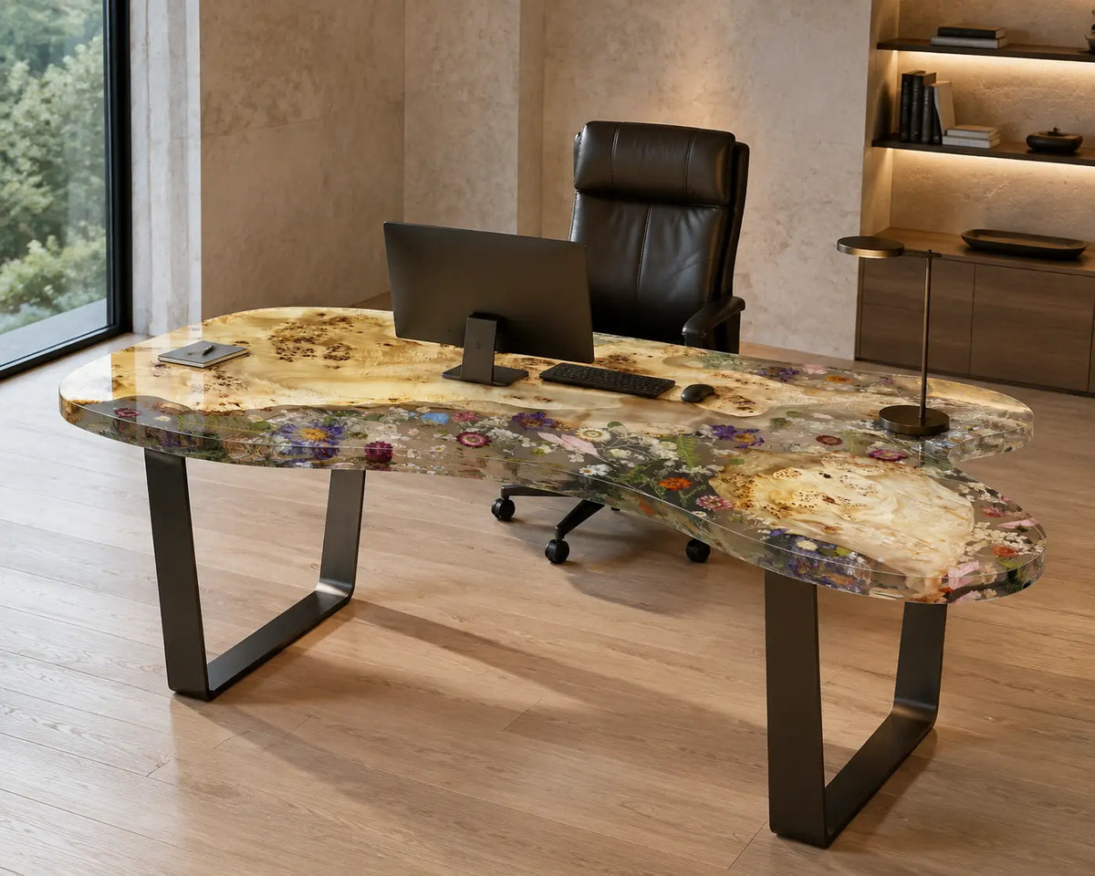 Botanical Mosaic Crystal Clear with Botanical Inlays Epoxy Poplar Office Desk OD27