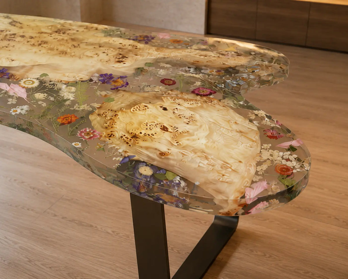 Botanical Mosaic Crystal Clear with Botanical Inlays Epoxy Poplar Office Desk OD27