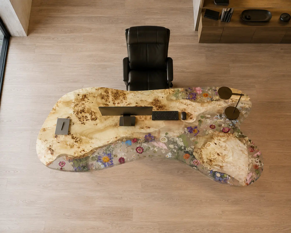 Botanical Mosaic Crystal Clear with Botanical Inlays Epoxy Poplar Office Desk OD27