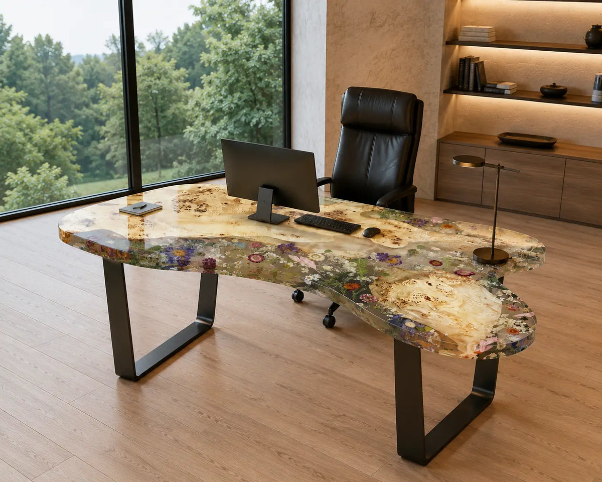 Botanical Mosaic Crystal Clear with Botanical Inlays Epoxy Poplar Office Desk OD27