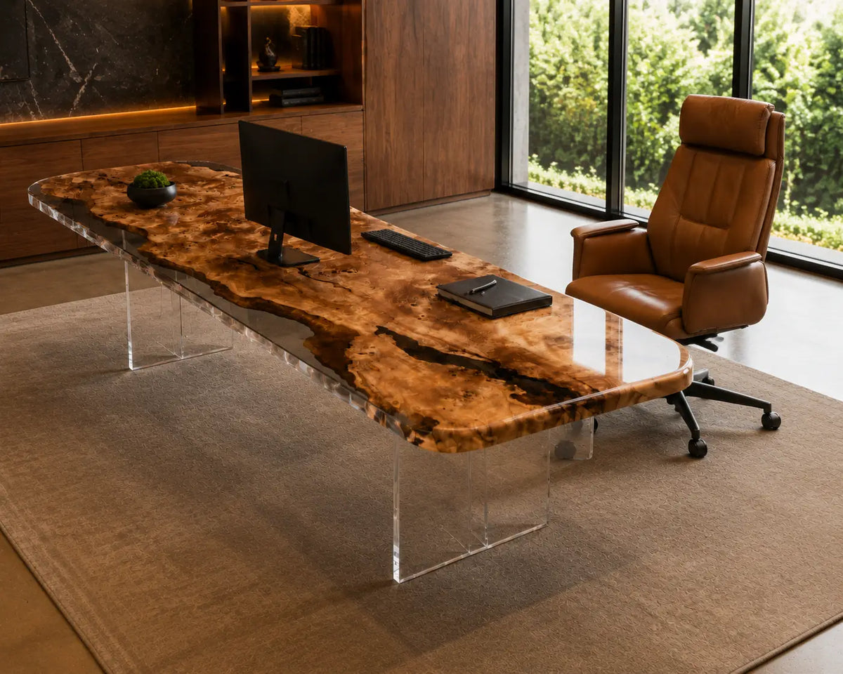 Amber Shoal Crystal Clear with Warm Wood Glow Epoxy Poplar Office Desk OD29