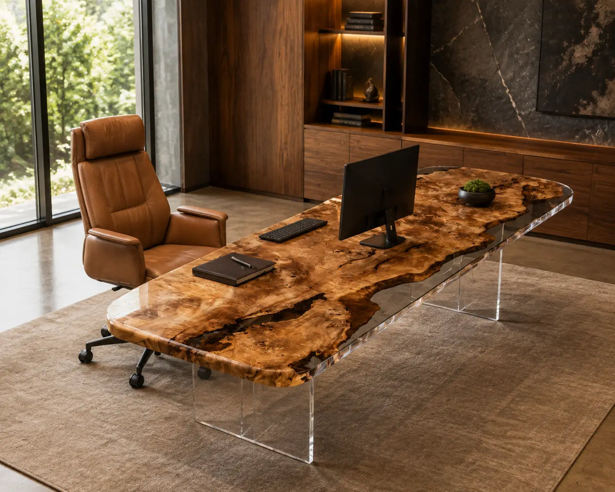 Amber Shoal Crystal Clear with Warm Wood Glow Epoxy Poplar Office Desk OD29