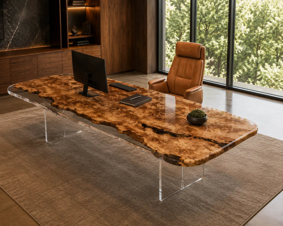 Amber Shoal Crystal Clear with Warm Wood Glow Epoxy Poplar Office Desk OD29