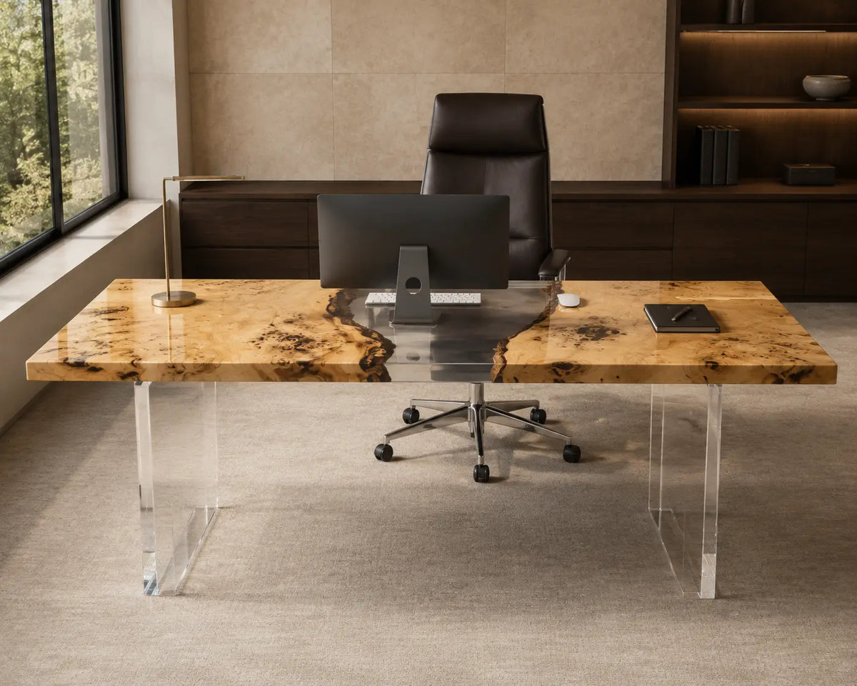 Pearl Canyon smoky gray & pearlescent white epoxy river poplar office desk OD31