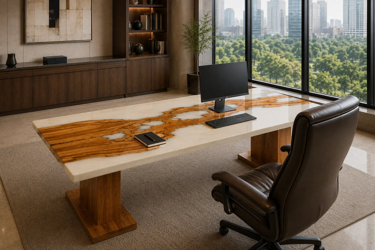 Smoked Inlet smoky black transparent epoxy italian olive wood office desk OD32
