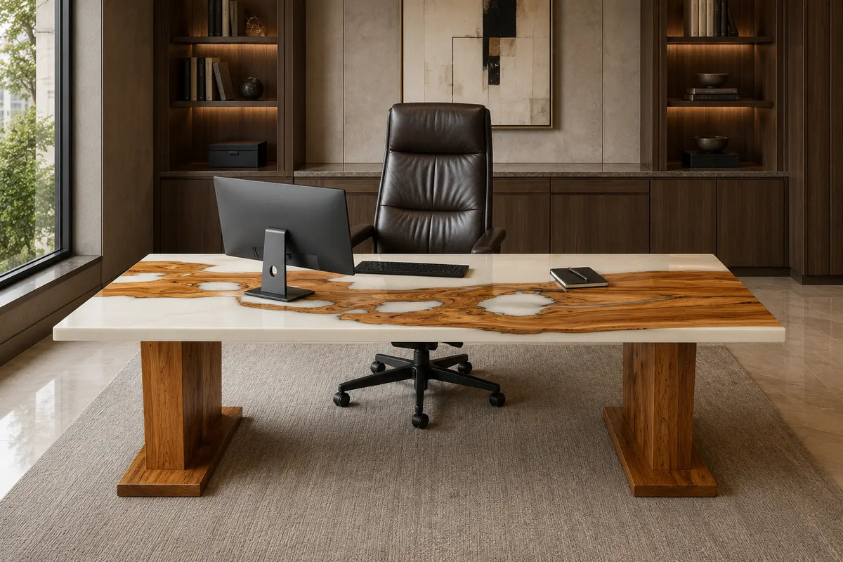Smoked Inlet Smoky Black Transparent Epoxy Italian Olive Wood Office Desk OD32