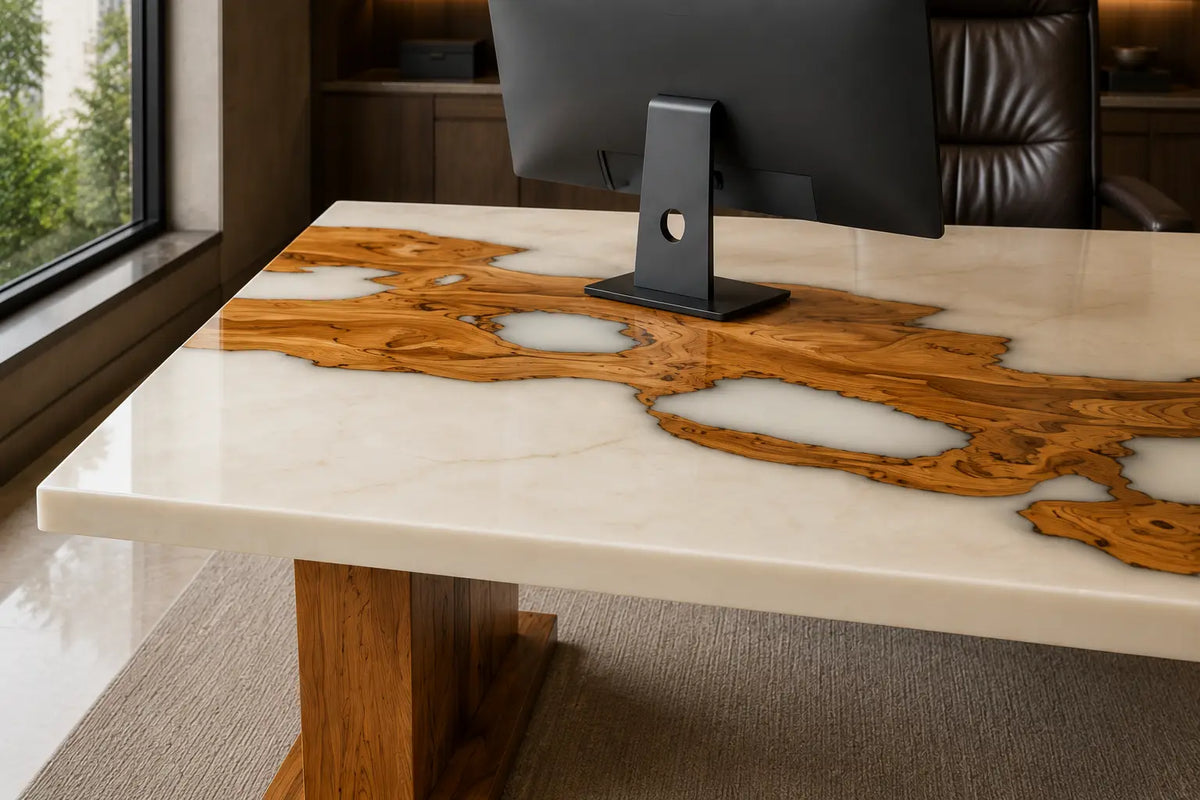 Smoked Inlet Smoky Black Transparent Epoxy Italian Olive Wood Office Desk OD32