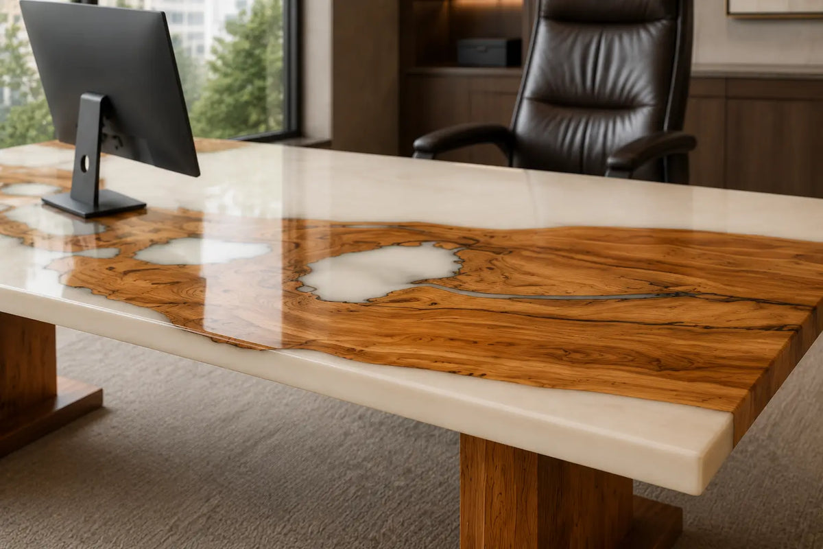 Smoked Inlet Smoky Black Transparent Epoxy Italian Olive Wood Office Desk OD32