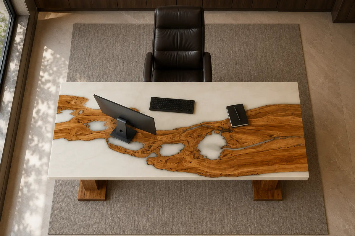 Smoked Inlet Smoky Black Transparent Epoxy Italian Olive Wood Office Desk OD32