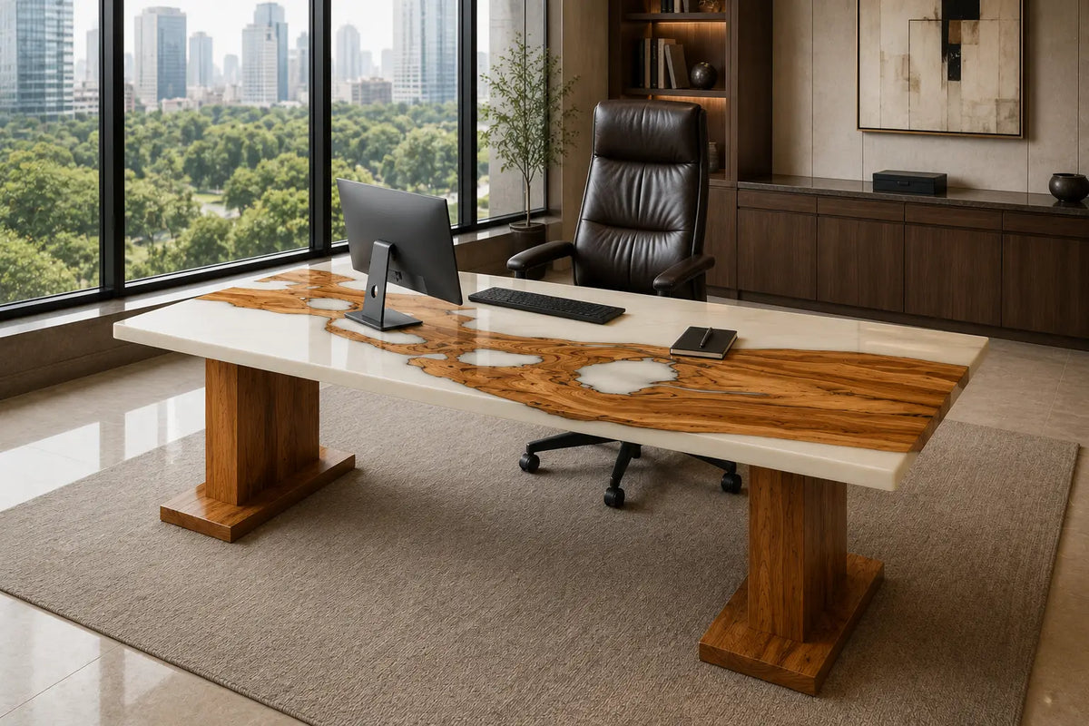 Smoked Inlet Smoky Black Transparent Epoxy Italian Olive Wood Office Desk OD32