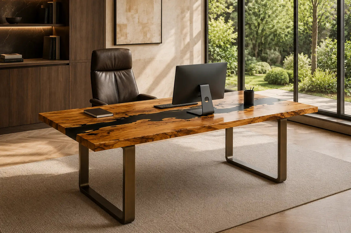 Carbon Fjord smoky black epoxy river italian olive wood office desk OD34