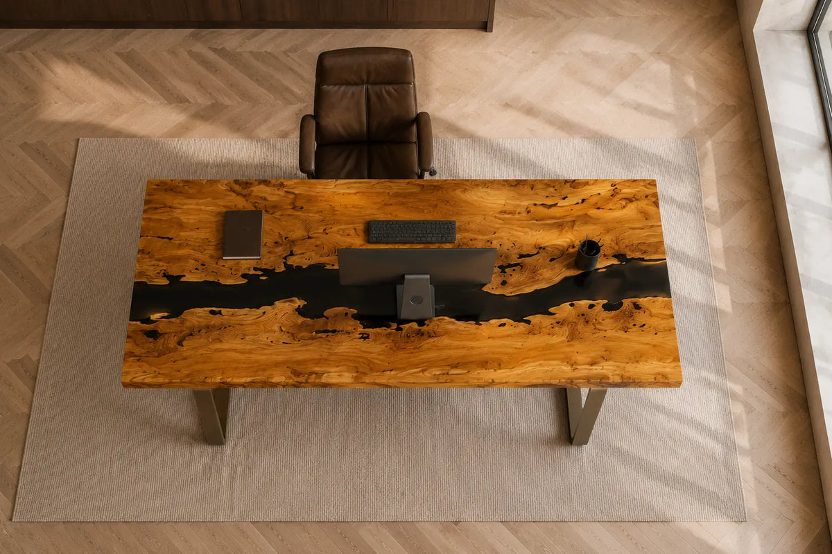 Carbon Fjord Smoky Black Epoxy River Italian Olive Wood Office Desk OD34