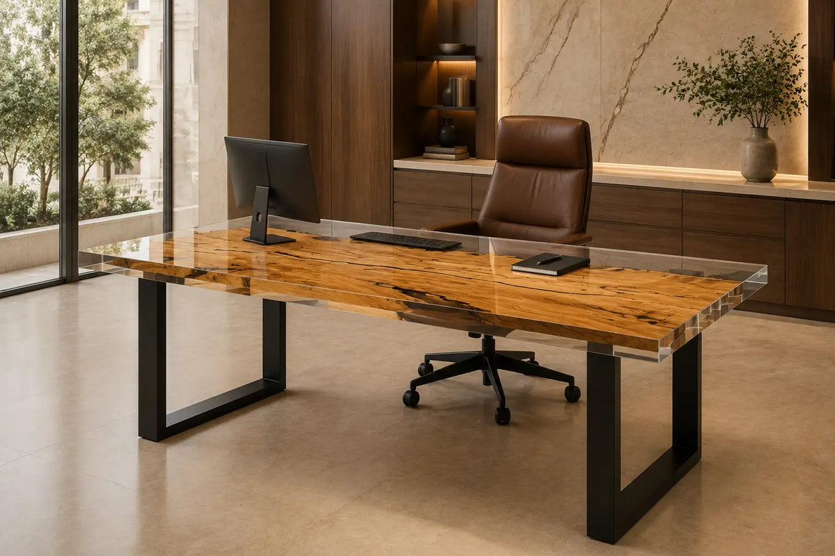 Crystal Tributary crystal clear epoxy river italian olive wood office desk OD35