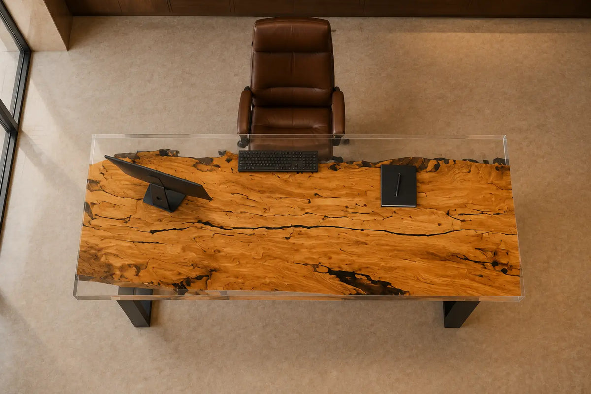 Crystal Tributary Crystal Clear Epoxy River Italian Olive Wood Office Desk OD35
