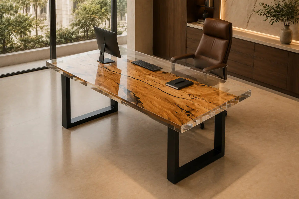 Crystal Tributary Crystal Clear Epoxy River Italian Olive Wood Office Desk OD35