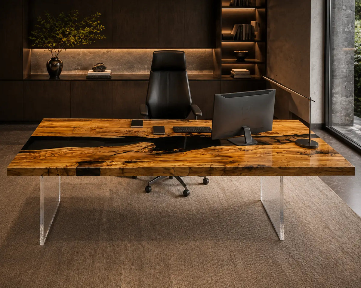 Golden Glass crystal clear epoxy italian olive wood office desk OD36