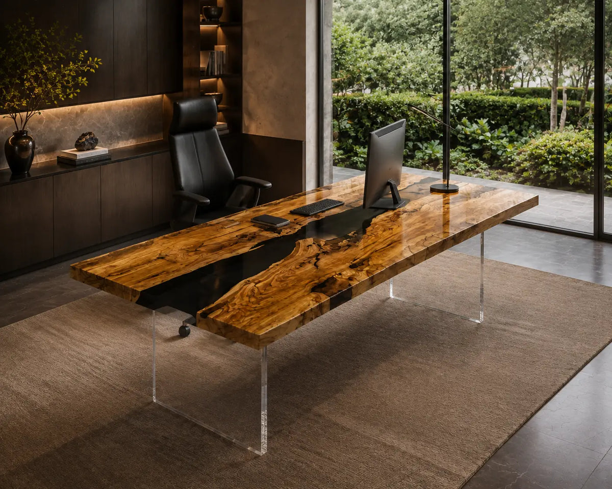 Golden Glass Crystal Clear Epoxy Italian Olive Wood Office Desk OD36