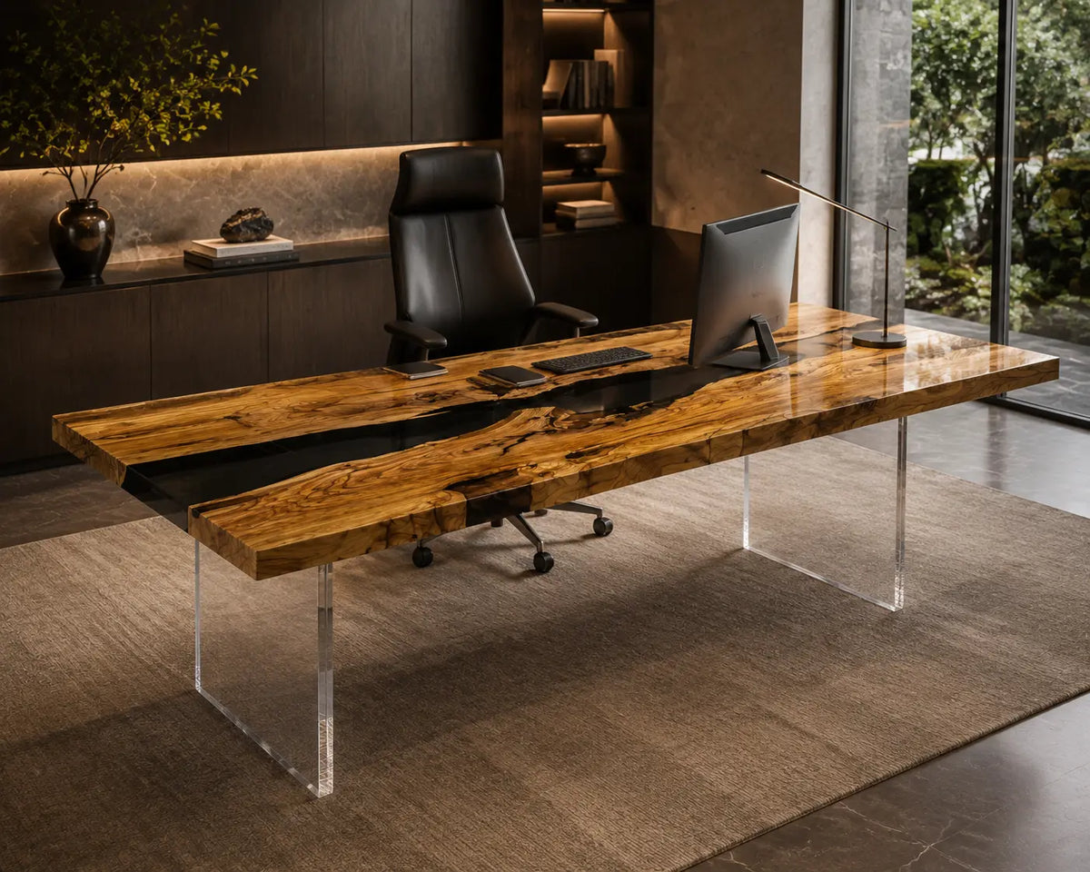 Golden Glass Crystal Clear Epoxy Italian Olive Wood Office Desk OD36